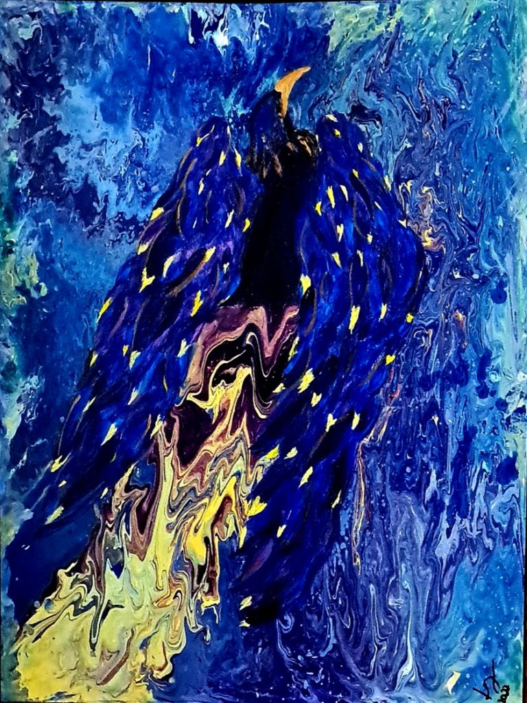 A vibrant painting of a blue and yellow phoenix rising from swirling flames, symbolizing resilience and transformation.