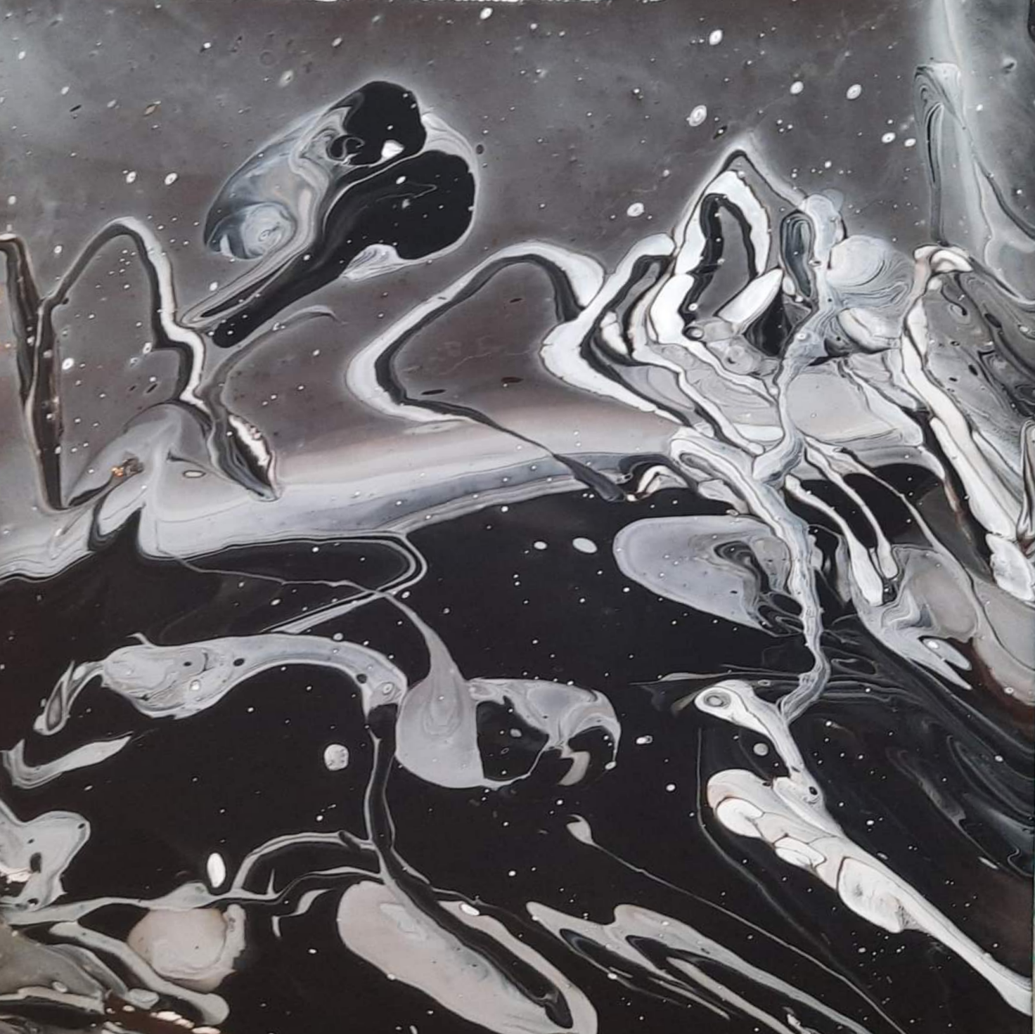 Abstract black, white, and gray acrylic painting with swirling, surreal patterns inspired by Salvador Dalí’s dreamlike and imaginative style.